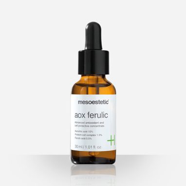 Frasco de Aox Ferulic de Mesoestetic destacando su elegante diseño